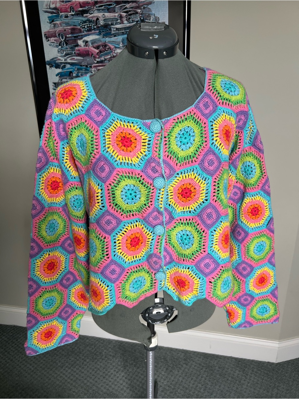 Michael Simon L XL Open Crochet Sweater Cardigan Octagon